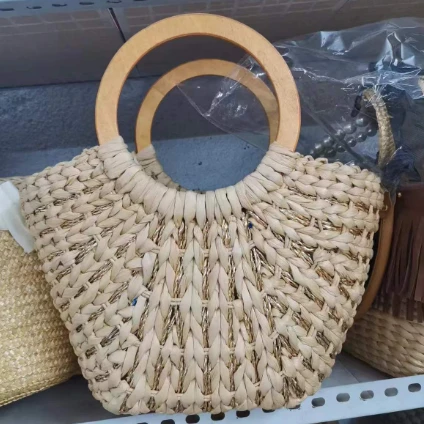 나무 손잡이 옥수수 껍질 짠 짚 가방